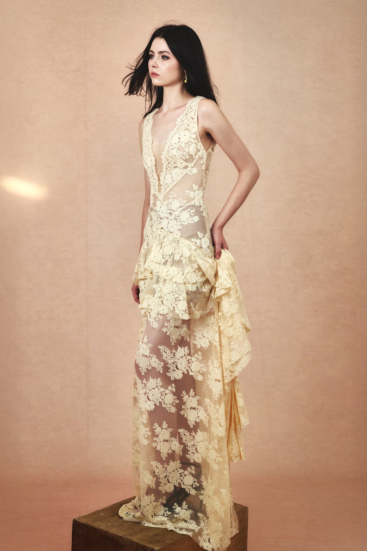 Aurelie Gown in Cream Gold, full-length view