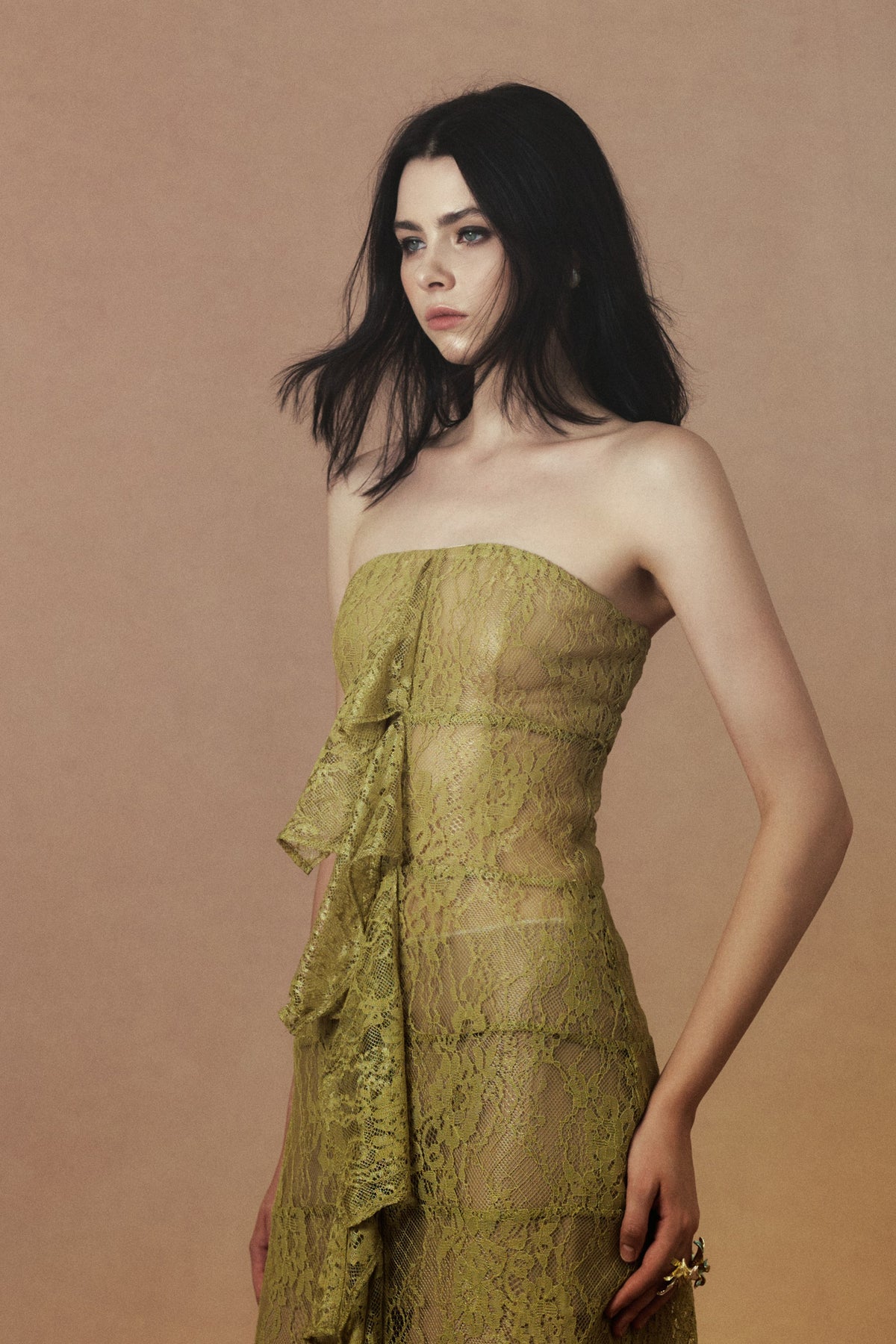 Helene Gown in Olive, angled view
