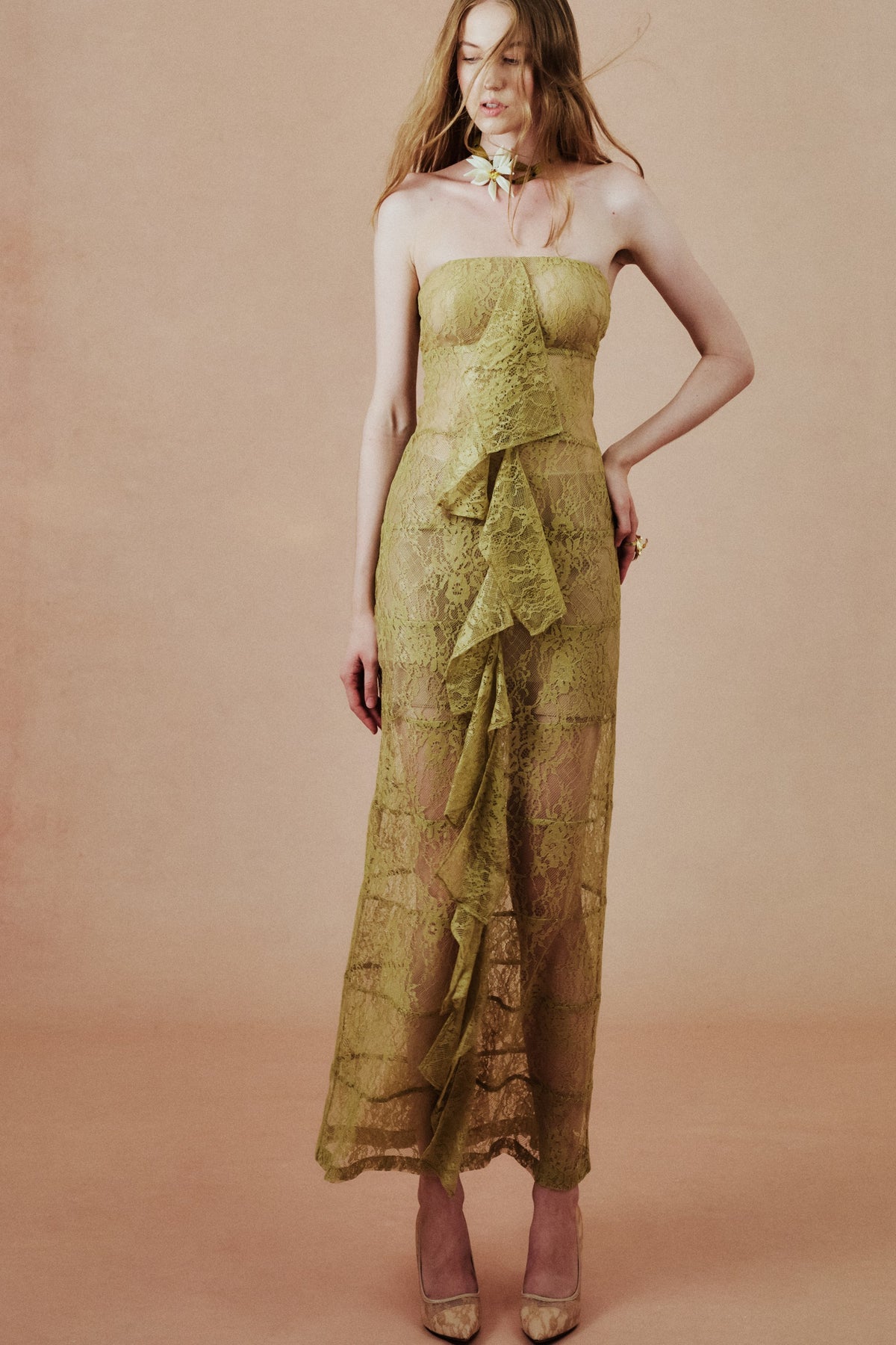 Helene Gown in Olive, full-length view