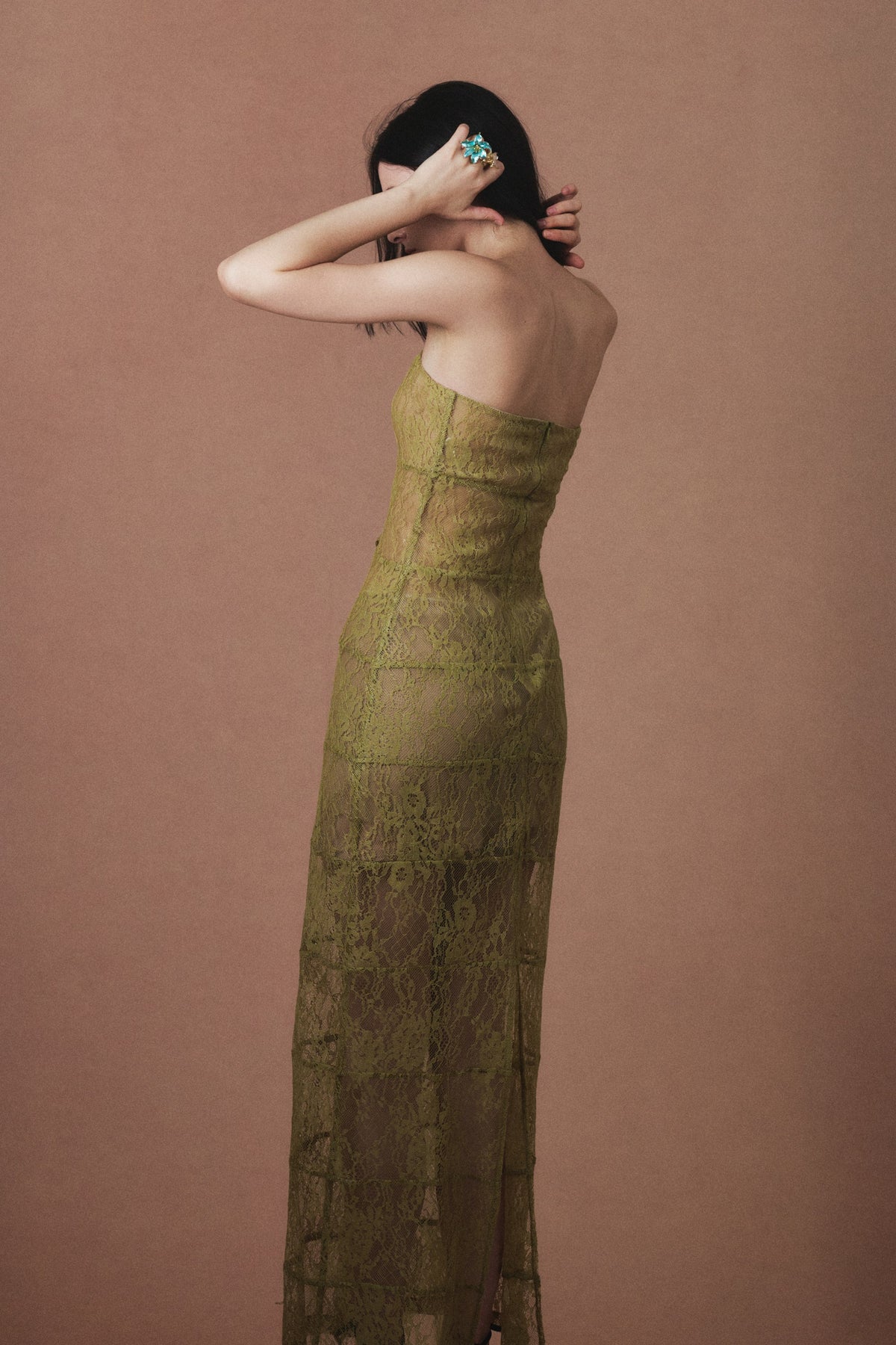 Helene Gown in Olive, back view