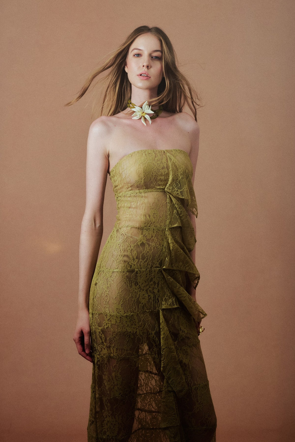 Helene Gown in Olive, in motion